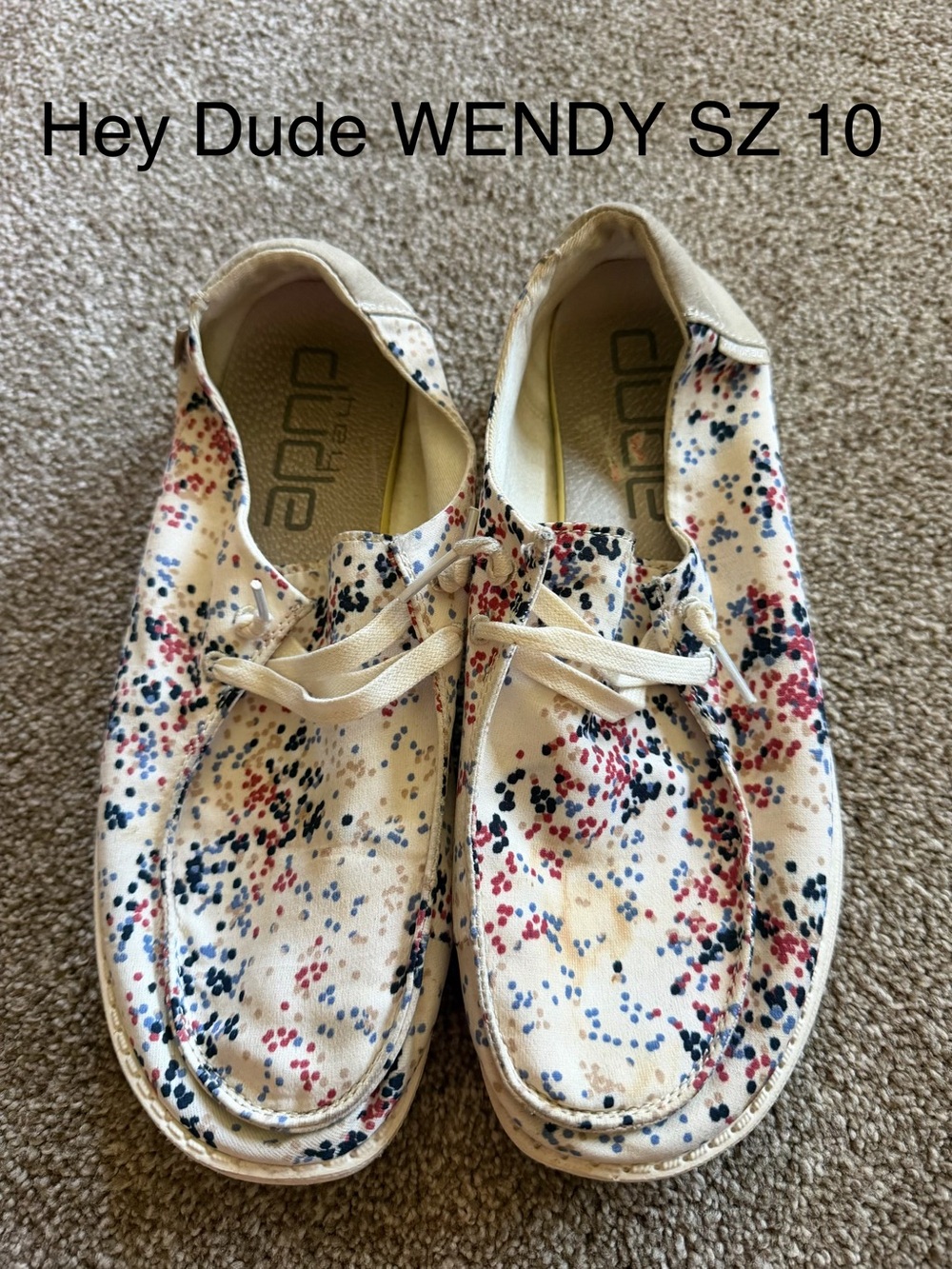 Hey Dude Wendy Canvas Shoes in Cream with Red Navy and Light Blue Speckle Sz 10